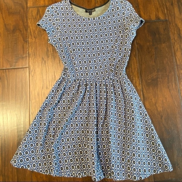 TOPSHOP Fit & Flare Skater Blue Knit Dress with Geometric Tile Print - Picture 5 of 14